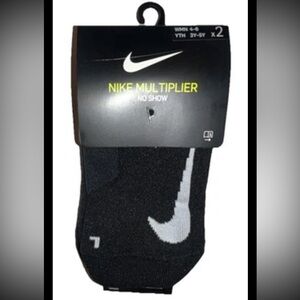 Nike Multiplier No Show Socks 2 Pair Women 4-6 Youth 3Y-5y Black w White Logo